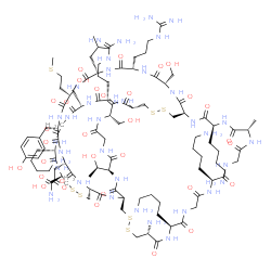ChemSpider 2D Image | {(1S,4S,7S,13S,16R,21R,24S,27S,30S,33S,36S,39S,42R,45S,48S,54S,60S,63R,68S,71S,77S)-63-Amino-13,45,54,60-tetrakis(4-aminobutyl)-4,36-bis(3-carbamimidamidopropyl)-16-carbamoyl-27-(4-hydroxybenzyl)-71-[
(1R)-1-hydroxyethyl]-7,39,77-tris(hydroxymethyl)-33-isobutyl-48-methyl-30-[2-(methylsulfanyl)ethyl]-2,5,8,11,14,23,26,29,32,35,38,41,44,47,50,53,56,59,62,69,72,75,78,85-tetracosaoxo-18,19,65,66,81,82-
hexathia-3,6,9,12,15,22,25,28,31,34,37,40,43,46,49,52,55,58,61,70,73,76,79,84-tetracosaazatricyclo[40.37.4.2~21,68~]pentaoctacont-24-yl}acetic acid | C102H172N36O32S7