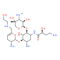 ChemSpider 2D Image | (2S)-4-Amino-N-[(2S,3S,4R,5S)-5-amino-4-{[(2S,3R)-3-amino-6-{[(2-hydroxyethyl)amino]methyl}-3,4-dihydro-2H-pyran-2-yl]oxy}-2-{[(3xi)-3-deoxy-4-C-methyl-3-(methylamino)-beta-L-threo-pentopyranosyl]oxy}
-3-hydroxycyclohexyl]-2-hydroxybutanamide | C25H48N6O10