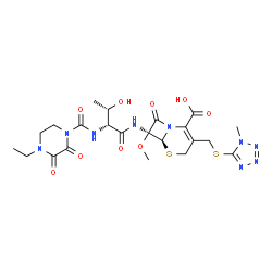 ChemSpider 2D Image | (6S,7S)-7-({N-[(4-Ethyl-2,3-dioxo-1-piperazinyl)carbonyl]threonyl}amino)-7-methoxy-3-{[(1-methyl-1H-tetrazol-5-yl)sulfanyl]methyl}-8-oxo-5-thia-1-azabicyclo[4.2.0]oct-2-ene-2-carboxylic acid | C22H29N9O9S2