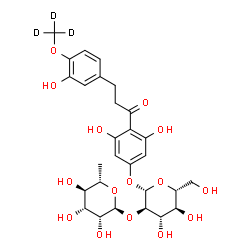 ChemSpider 2D Image | 3,5-Dihydroxy-4-(3-{3-hydroxy-4-[(~2~H_3_)methyloxy]phenyl}propanoyl)phenyl 2-O-(6-deoxy-alpha-L-mannopyranosyl)-beta-D-glucopyranoside | C28H33D3O15