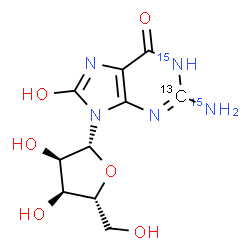 ChemSpider 2D Image | 8-Hydroxy(2-~13~C,N~2~,6-~15~N_2_)guanosine | C913CH13N315N2O6