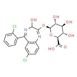 ChemSpider 2D Image | 7-Chloro-5-(2-chlorophenyl)-3-hydroxy-3H-1,4-benzodiazepin-2-yl beta-D-glucopyranosiduronic acid | C21H18Cl2N2O8