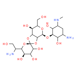 ChemSpider 2D Image | (2S,4S,5'R,7S)-4-{[(1R)-3-Amino-2,6-dihydroxy-5-(methylamino)cyclohexyl]oxy}-6'-(1-amino-2-hydroxyethyl)-6-(hydroxymethyl)octahydro-4H-spiro[1,3-dioxolo[4,5-c]pyran-2,2'-pyran]-3',4',5',7-tetrol (non-
preferred name) | C20H37N3O13