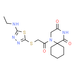 ChemSpider 2D Image | 1-({[5-(Ethylamino)-1,3,4-thiadiazol-2-yl]sulfanyl}acetyl)-1,4-diazaspiro[5.5]undecane-3,5-dione | C15H21N5O3S2