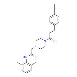 ChemSpider 2D Image | N-(2,6-Dimethylphenyl)-2-(4-{3-[4-(2-methyl-2-propanyl)phenyl]propanoyl}-1-piperazinyl)acetamide | C27H37N3O2