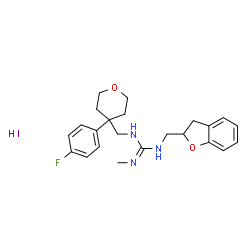 ChemSpider 2D Image | 1-(2,3-Dihydro-1-benzofuran-2-ylmethyl)-3-{[4-(4-fluorophenyl)tetrahydro-2H-pyran-4-yl]methyl}-2-methylguanidine hydroiodide (1:1) | C23H29FIN3O2