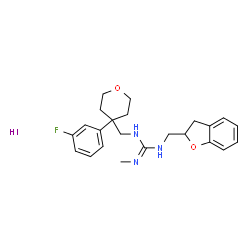 ChemSpider 2D Image | 1-(2,3-Dihydro-1-benzofuran-2-ylmethyl)-3-{[4-(3-fluorophenyl)tetrahydro-2H-pyran-4-yl]methyl}-2-methylguanidine hydroiodide (1:1) | C23H29FIN3O2