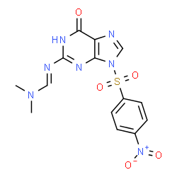 ChemSpider 2D Image | N,N-Dimethyl-N'-{9-[(4-nitrophenyl)sulfonyl]-6-oxo-6,9-dihydro-1H-purin-2-yl}imidoformamide | C14H13N7O5S