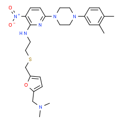 ChemSpider 2D Image | N-{2-[({5-[(Dimethylamino)methyl]-2-furyl}methyl)sulfanyl]ethyl}-6-[4-(3,4-dimethylphenyl)-1-piperazinyl]-3-nitro-2-pyridinamine | C27H36N6O3S