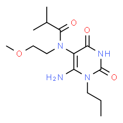 ChemSpider 2D Image | N-(6-Amino-2,4-dioxo-1-propyl-1,2,3,4-tetrahydro-5-pyrimidinyl)-N-(2-methoxyethyl)-2-methylpropanamide | C14H24N4O4