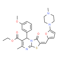 ChemSpider 2D Image | Ethyl (2E)-5-(3-methoxyphenyl)-7-methyl-2-{[5-(4-methyl-1-piperazinyl)-2-furyl]methylene}-3-oxo-2,3-dihydro-5H-[1,3]thiazolo[3,2-a]pyrimidine-6-carboxylate | C27H30N4O5S