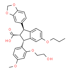 ChemSpider 2D Image | (1S,2R,3R)-1-(1,3-Benzodioxol-5-yl)-3-[2-(2-hydroxyethoxy)-4-methoxyphenyl]-5-propoxy-2-indanecarboxylic acid | C29H30O8