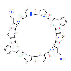 ChemSpider 2D Image | Cyclo(D-leucyl-L-phenylalanylprolylvalyl-D-ornithyl-D-leucyl-L-phenylalanyl-D-prolyl-D-valyl-D-ornithyl) | C60H92N12O10
