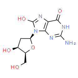 ChemSpider 2D Image | 2-Amino-9-(2-deoxy-beta-L-threo-pentofuranosyl)-8-hydroxy-1,9-dihydro-6H-purin-6-one | C10H13N5O5