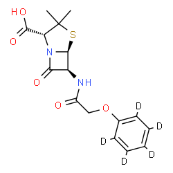 ChemSpider 2D Image | (2R,5S,6S)-3,3-Dimethyl-7-oxo-6-({[(~2~H_5_)phenyloxy]acetyl}amino)-4-thia-1-azabicyclo[3.2.0]heptane-2-carboxylic acid | C16H13D5N2O5S
