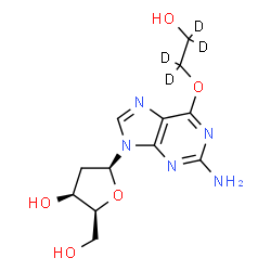 ChemSpider 2D Image | 9-(2-Deoxy-beta-L-threo-pentofuranosyl)-6-{[2-hydroxy(~2~H_4_)ethyl]oxy}-9H-purin-2-amine | C12H13D4N5O5