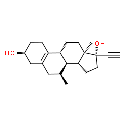 ChemSpider 2D Image | (3beta,7beta,8alpha,9beta,13alpha,14beta)-7-Methyl-19-norpregn-5(10)-en-20-yne-3,17-diol | C21H30O2