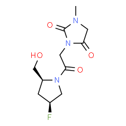 ChemSpider 2D Image | 3-{2-[(2S,4S)-4-Fluoro-2-(hydroxymethyl)-1-pyrrolidinyl]-2-oxoethyl}-1-methyl-2,4-imidazolidinedione | C11H16FN3O4