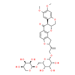 ChemSpider 2D Image | 2-[(2R,6aS,12aR)-8,9-Dimethoxy-6-oxo-1,2,6,6a,12,12a-hexahydrochromeno[3,4-b]furo[2,3-h]chromen-2-yl]-2-propen-1-yl 6-O-alpha-D-ribopyranosyl-beta-L-talopyranoside | C34H40O16