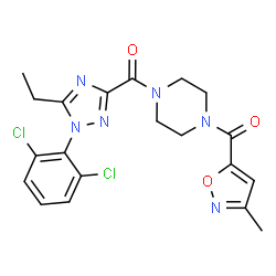 ChemSpider 2D Image | [1-(2,6-Dichlorophenyl)-5-ethyl-1H-1,2,4-triazol-3-yl]{4-[(3-methyl-1,2-oxazol-5-yl)carbonyl]-1-piperazinyl}methanone | C20H20Cl2N6O3