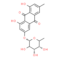 ChemSpider 2D Image | 4,5-Dihydroxy-7-methyl-9,10-dioxo-9,10-dihydro-2-anthracenyl 6-deoxy-alpha-L-erythro-hexopyranoside | C21H20O9