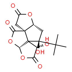 ChemSpider 2D Image | (3aR,5aS,8S,9S,10aR)-8,9-Dihydroxy-9-(2-methyl-2-propanyl)dihydro-9H-furo[2,3-b]furo[3',2':2,3]cyclopenta[1,2-c]furan-2,4,7(3H,8H)-trione | C15H18O8