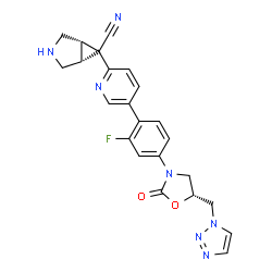 ChemSpider 2D Image | (1R,5S)-6-(5-{2-Fluoro-4-[(5R)-2-oxo-5-(1H-1,2,3-triazol-1-ylmethyl)-1,3-oxazolidin-3-yl]phenyl}-2-pyridinyl)-3-azabicyclo[3.1.0]hexane-6-carbonitrile | C23H20FN7O2