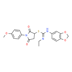 ChemSpider 2D Image | 1-(4-Methoxyphenyl)-2,5-dioxo-3-pyrrolidinyl N-1,3-benzodioxol-5-yl-N'-ethylcarbamimidothioate | C21H21N3O5S