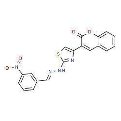 ChemSpider 2D Image | 3-{2-[(2E)-2-(3-Nitrobenzylidene)hydrazino]-1,3-thiazol-4-yl}-2H-chromen-2-one | C19H12N4O4S