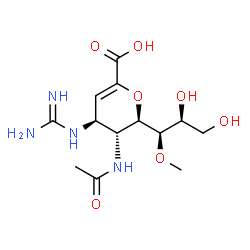 ChemSpider 2D Image | (6R)-5-Acetamido-2,6-anhydro-4-carbamimidamido-3,4,5-trideoxy-6-[(1R,2S)-2,3-dihydroxy-1-methoxypropyl]-L-threo-hex-2-enonic acid | C13H22N4O7