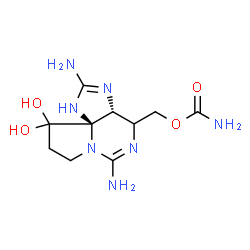 ChemSpider 2D Image | [(3aR,10aS)-2,6-Diamino-10,10-dihydroxy-3a,4,9,10-tetrahydro-1H,8H-pyrrolo[1,2-c]purin-4-yl]methyl carbamate | C10H17N7O4