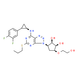 ChemSpider 2D Image | (1R,2R,3R,5S)-3-[7-{[(1R)-2-(3,4-Difluorophenyl)cyclopropyl]amino}-5-(propylsulfanyl)-3H-[1,2,3]triazolo[4,5-d]pyrimidin-3-yl]-5-(2-hydroxyethoxy)-1,2-cyclopentanediol | C23H28F2N6O4S