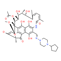 ChemSpider 2D Image | (7S,9E,11S,12R,13S,14R,15R,16R,17S,21Z)-26-{(E)-[(4-Cyclopentyl-1-piperazinyl)imino]methyl}-2,15,17,27,29-pentahydroxy-11-methoxy-3,7,12,14,16,18,22-heptamethyl-6,23-dioxo-8,30-dioxa-24-azatetracyclo[
23.3.1.1~4,7~.0~5,28~]triaconta-1(28),2,4,9,19,21,25(29),26-octaen-13-yl acetate | C47H64N4O12