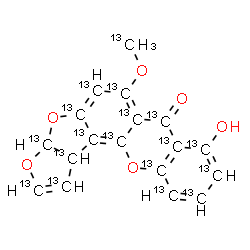 ChemSpider 2D Image | 8-Hydroxy-6-[(~13~C)methyloxy](~13~C_17_)-3a,12c-dihydro-7H-furo[3',2':4,5]furo[2,3-c]xanthen-7-one | 13C18H12O6
