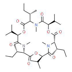 ChemSpider 2D Image | (3S,6R,9S,12R,18R)-3,9,15-Tri[(2S)-2-butanyl]-6,12,18-triisopropyl-4,10,16-trimethyl-1,7,13-trioxa-4,10,16-triazacyclooctadecane-2,5,8,11,14,17-hexone | C36H63N3O9