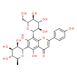 ChemSpider 2D Image | 5,7-dihydroxy-2-(4-hydroxyphenyl)-8-[(2S,3R,4R,5S,6R)-3,4,5-trihydroxy-6-(hydroxymethyl)oxan-2-yl]-6-[(2S,3R,4R,5R,6S)-3,4,5-trihydroxy-6-methyloxan-2-yl]chromen-4-one | C27H30O14