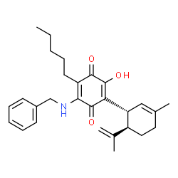 ChemSpider 2D Image | (1'R,6'R)-3-(Benzylamino)-6-hydroxy-6'-isopropenyl-3'-methyl-4-pentyl-1,1'-bi(cyclohexane)-2',3,6-triene-2,5-dione | C28H35NO3
