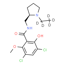 ChemSpider 2D Image | 3,5-Dichloro-N-{[(2R)-1-(~2~H_5_)ethyl-2-pyrrolidinyl]methyl}-2-hydroxy-6-methoxybenzamide | C15H15D5Cl2N2O3