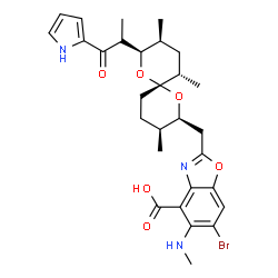 ChemSpider 2D Image | 6-Bromo-5-(methylamino)-2-({(2S,3S,6R,8R,9S,11S)-3,9,11-trimethyl-8-[1-oxo-1-(1H-pyrrol-2-yl)-2-propanyl]-1,7-dioxaspiro[5.5]undec-2-yl}methyl)-1,3-benzoxazole-4-carboxylic acid | C29H36BrN3O6