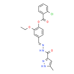 ChemSpider 2D Image | 2-Ethoxy-4-[(E)-{[(3-methyl-1H-pyrazol-5-yl)carbonyl]hydrazono}methyl]phenyl 2-chlorobenzoate | C21H19ClN4O4