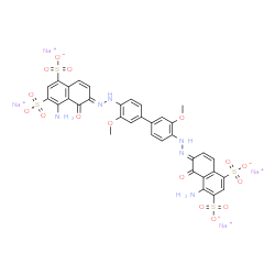 ChemSpider 2D Image | Tetrasodium (6E,6'E)-6,6'-[(3,3'-dimethoxy-4,4'-biphenyldiyl)di(1E)-2-hydrazinyl-1-ylidene]bis(4-amino-5-oxo-5,6-dihydro-1,3-naphthalenedisulfonate) | C34H24N6Na4O16S4