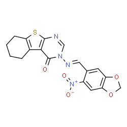 ChemSpider 2D Image | 3-{(E)-[(6-Nitro-1,3-benzodioxol-5-yl)methylene]amino}-5,6,7,8-tetrahydro[1]benzothieno[2,3-d]pyrimidin-4(3H)-one | C18H14N4O5S