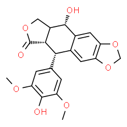 ChemSpider 2D Image | (5S,5aS,9S)-9-Hydroxy-5-(4-hydroxy-3,5-dimethoxyphenyl)-5,8,8a,9-tetrahydrofuro[3',4':6,7]naphtho[2,3-d][1,3]dioxol-6(5aH)-one | C21H20O8
