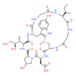 ChemSpider 2D Image | [(1R,4S,8R,10S,13S,16S,34S)-34-[(2R)-2-Butanyl]-13-[(2R,3R)-3,4-dihydroxy-2-butanyl]-8,22-dihydroxy-27-oxido-2,5,11,14,30,33,36,39-octaoxo-27-thia-3,6,12,15,25,29,32,35,38-nonaazapentacyclo[14.12.11.0
~6,10~.0~18,26~.0~19,24~]nonatriaconta-18(26),19,21,23-tetraen-4-yl]acetic acid | C39H53N9O15S