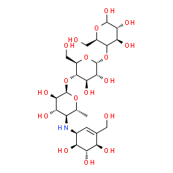 ChemSpider 2D Image | 4,6-Dideoxy-4-{[(1S,4R,5S,6S)-4,5,6-trihydroxy-3-(hydroxymethyl)-2-cyclohexen-1-yl]amino}-alpha-D-glucopyranosyl-(1->4)-alpha-D-glucopyranosyl-(1->4)-(4xi)-D-xylo-hexopyranose | C25H43NO18