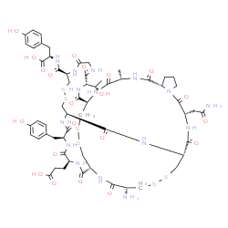 ChemSpider 2D Image | N-({(1R,4S,7S,13S,16R,21R,24R,27S,30S,33R,38R,44S)-21-Amino-13-(2-amino-2-oxoethyl)-27-(2-carboxyethyl)-30-(4-hydroxybenzyl)-44-[(1S)-1-hydroxyethyl]-4-methyl-3,6,12,15,22,25,28,31,40,43,46,51-dodecao
xo-18,19,35,36,48,49-hexathia-2,5,11,14,23,26,29,32,39,42,45,52-dodecaazatetracyclo[22.22.4.2~16,33~.0~7,11~]dopentacont-38-yl}carbonyl)-L-tyrosine | C59H79N15O21S6