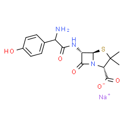ChemSpider 2D Image | Sodium (2S,5R,6S)-6-{[amino(4-hydroxyphenyl)acetyl]amino}-3,3-dimethyl-7-oxo-4-thia-1-azabicyclo[3.2.0]heptane-2-carboxylate | C16H18N3NaO5S