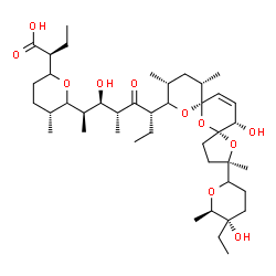 ChemSpider 2D Image | (2S)-2-{(5R)-6-[(2R,3R,4R,6S)-6-{(2R,5R,7S,10R,12S,15S)-2-[(5S,6R)-5-Ethyl-5-hydroxy-6-methyltetrahydro-2H-pyran-2-yl]-15-hydroxy-2,10,12-trimethyl-1,6,8-trioxadispiro[4.1.5.3]pentadec-13-en-9-yl}-3-h
ydroxy-4-methyl-5-oxo-2-octanyl]-5-methyltetrahydro-2H-pyran-2-yl}butanoic acid | C42H70O11