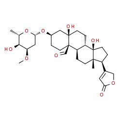 ChemSpider 2D Image | (3alpha,5alpha,8alpha,9beta,10alpha,13alpha,14alpha,17alpha)-3-[(2,6-Dideoxy-3-O-methyl-beta-L-ribo-hexopyranosyl)oxy]-5,14-dihydroxy-19-oxocard-20(22)-enolide | C30H44O9