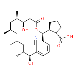 ChemSpider 2D Image | (1S,2S)-2-[(2R,4Z,6E,8S,9R,13R,15R,16R)-7-Cyano-8,16-dihydroxy-9,11,13,15-tetramethyl-18-oxooxacyclooctadeca-4,6-dien-2-yl]cyclopentanecarboxylic acid | C28H43NO6